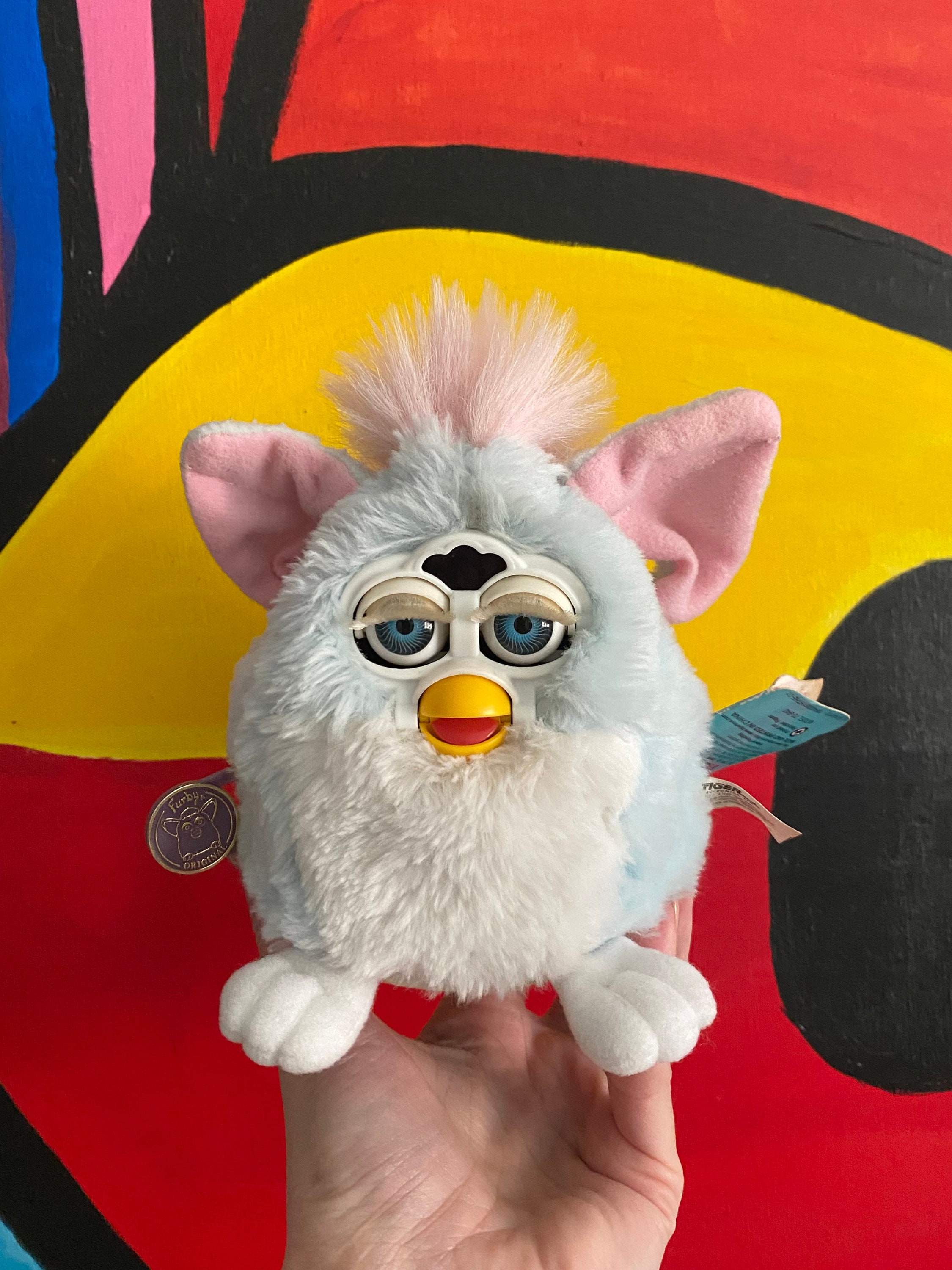  1998 Furby Black with Blue Eyes, Pink Ears and White