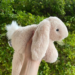 Cute Jellycat Smudge Rabbit laying beige plush toy medium size, collectable Jellycat bunny stuffed plushie for gift