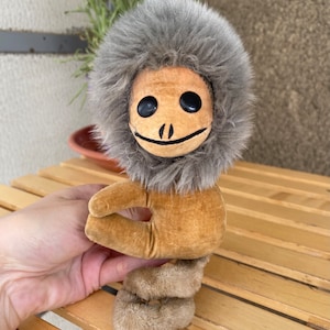 Small vintage Monkey stuffed toy Kamar 1967 made in Japan, old brown grey chimpanzee plush