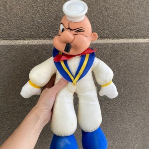 Boneco de pelúcia de nylon vintage Popeye, o marinheiro, década de 1980, raro corpo macio de pelúcia Popeye antigo com rosto de borracha/vinil