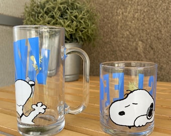 Vintage Snoopy & Woodstock Glass Set of 2 : 1965 Peanuts Collector's Tumbler