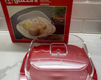 Italian red & clear covered cheese dish by Guzzini 1980s, vintage square charcuterie board new in a box, serving snack platter