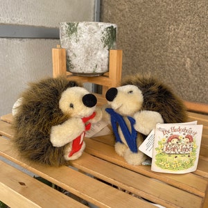 Hedgehogs plush set of 2 Leafy Lane by Russ Berrie, cute small stuffed forest animals caring letters E & N