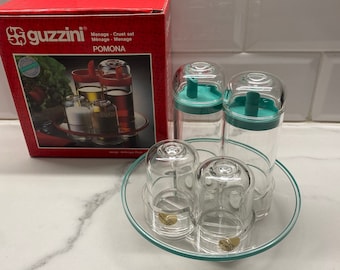 Guzzini vintage cruet set oil vinegar salt pepper new old stock Italy 1980s Pomona line