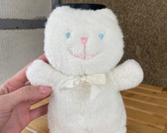 Rare White Kitty plush toy by Adams made in Korea, cute white stuffed cat kitten with blue eyes vintage Korean toys