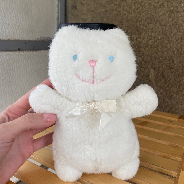 Rare White Kitty plush toy by Adams made in Korea, cute white stuffed cat kitten with blue eyes vintage Korean toys