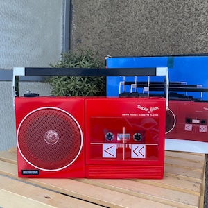 Vintage Red Super Slim AM/FM Radio Cassette Player made in Hong Kong 1980s WORKING new old stock, International portable retro radio