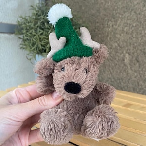 Retired Jellycat Baby Poppet Reindeer tiny plush soft toy pocket size, cute brown stuffed reindeer plushie in green hat
