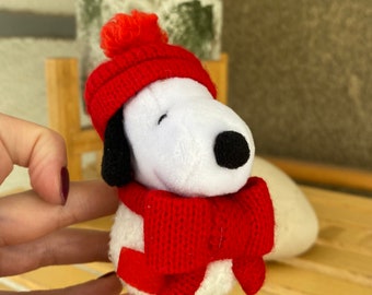 Rare small Snoopy plush keychain in red hat, scarf and gloves Japan, cute soft stuffed Snoopy Peanuts plushie key ring for a gift