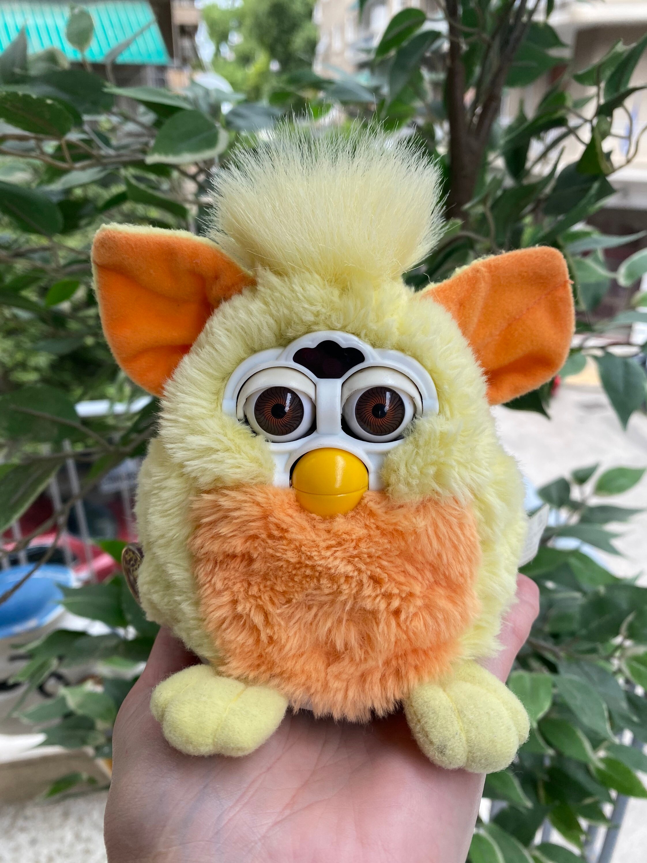Furby Baby 1999 Sunny Yellow WORKING Yellow Orange With Brown Eyes
