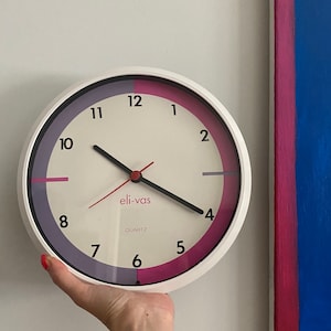 Vintage white pink & purple Wall Clock 1980s West Germany, Eli-Vas Collection quartz clock working