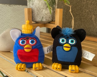 Small vintage Furby plushies McDonald’s set of 2, McFurby 2000s collectable black blue red mini furbies toys