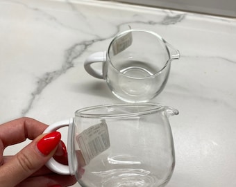 Italian Guzzini x2 Glass Milk Jugs, vintage clear white unused tableware 1980s