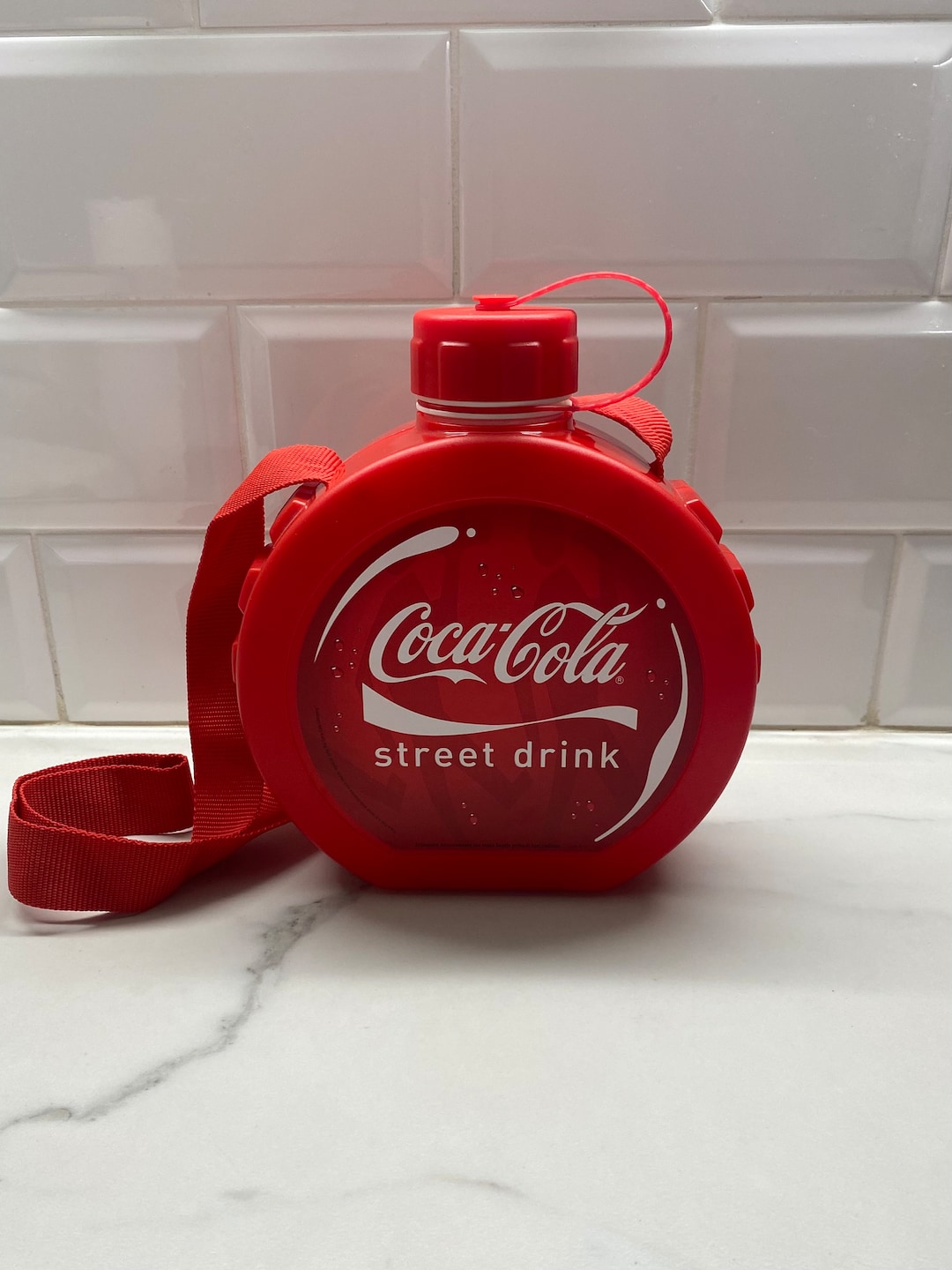 Cocacola Vintage Water Bottle Made in Italy, Advertising Red Round Travel Flask With a Strap Etsy