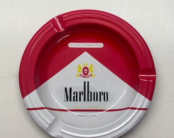 Vintage Marlboro tin advertising ashtray 1980-90s new old stock unused, collectable red & white round ashtray