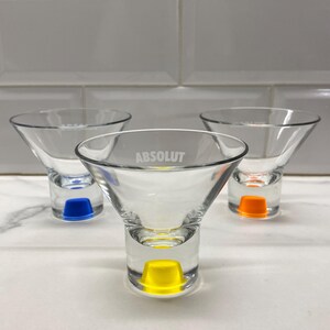 Absolut Vodka Martini Glasses set of 3 with colored bottoms, advertiding colourful cone cocktail barware