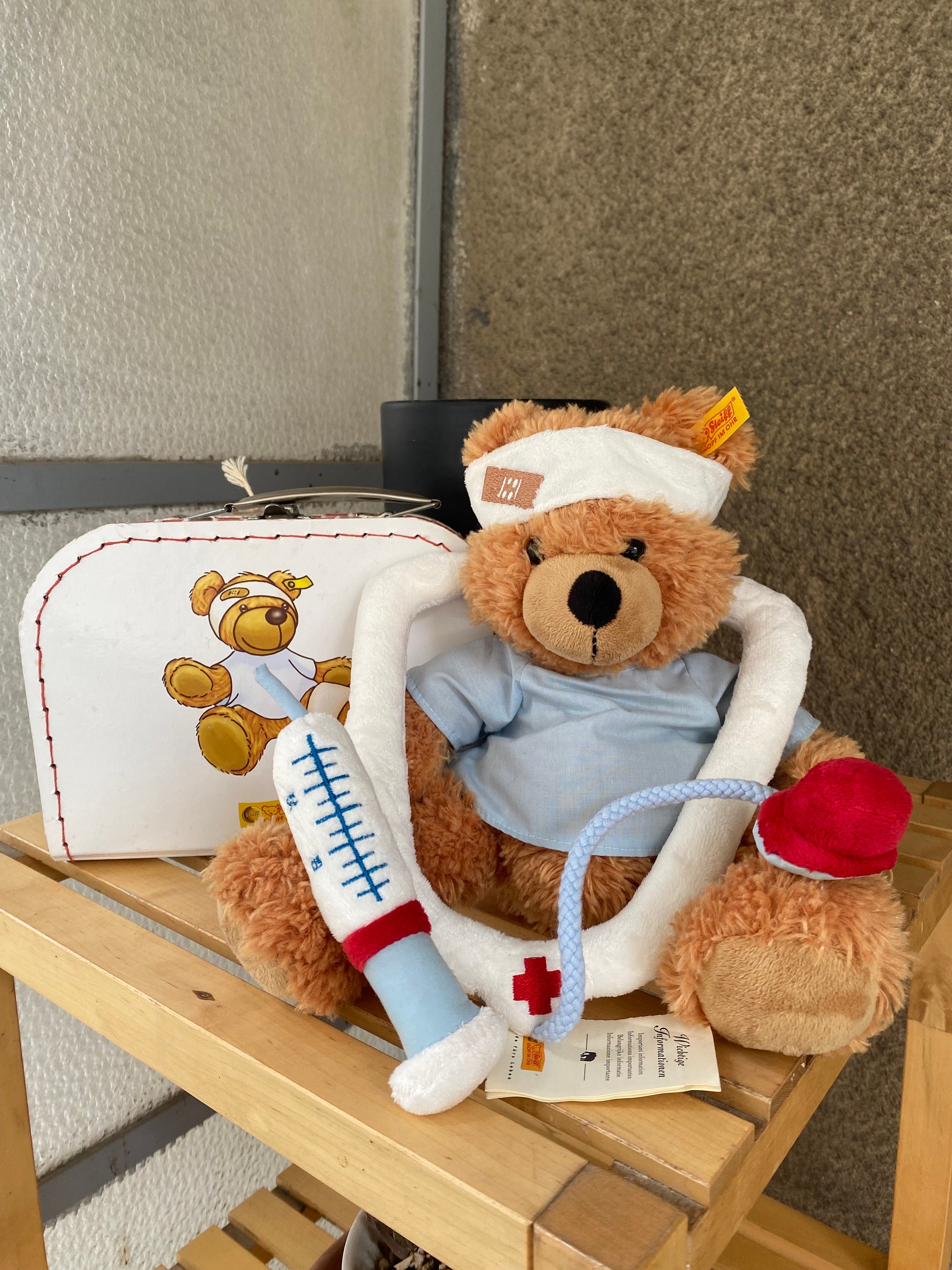 Brown/orange Steiff Bear Fynn Plush With White Suitcase & Nurse's
