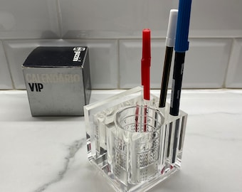 Vintage Guzzini Lucite Note Pen Holder: 1980s Italian Desk Organiser