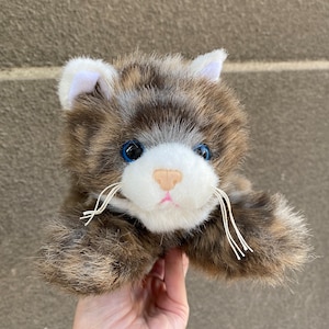 Brown grey white Spotted Cat plush toy Belgium, laying stuffed kitten for gift