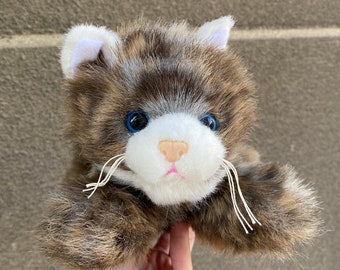 Brown grey white Spotted Cat plush toy Belgium, laying stuffed kitten for gift