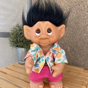 Rare original Thomas Dam big troll 1977 made in Denmark in Hawaiian outfit, vintage old cute Danish troll for a gift