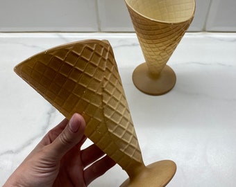 Italian vintage ice cream glass bowls, set of 2 beige dessert cone waffle glasses made in italy