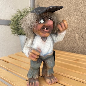 Vintage Nyform Norwegian Troll 1990s, original old handmade troll male Ny Form Norway in a cap and backpack with paper tag