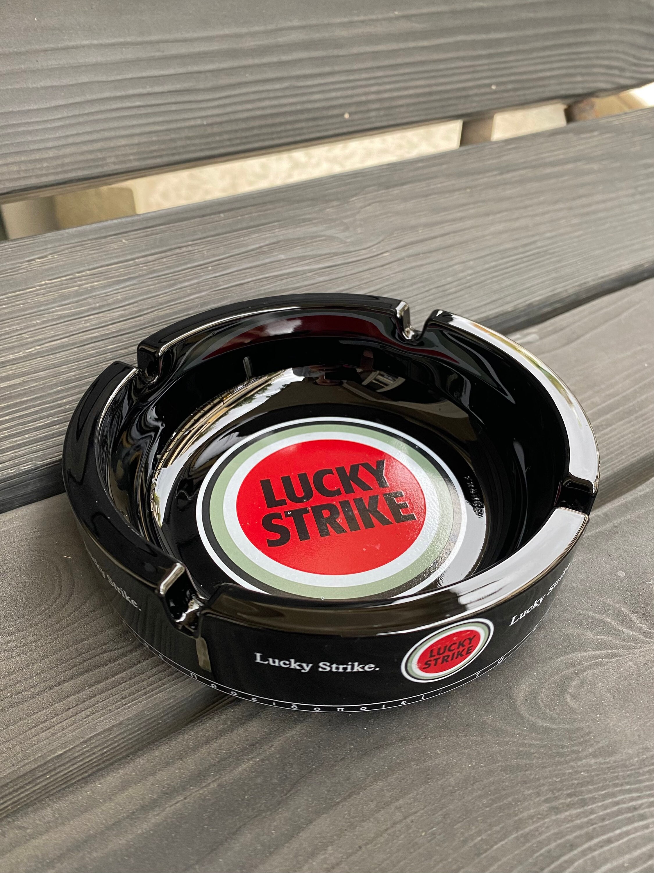 Lucky Strike Ashtray, Vintage Advertising Lucky Strike Collectable Round  Black Ash Stand
