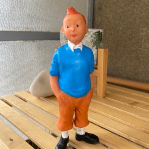 Super Rare collector’s Tintin rubber doll 1960s, collectable Tintin figurine in blue sweater and brown-orange pants