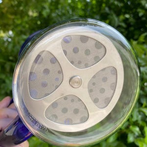 Puede incluir: Una cafetera de vidrio transparente con un filtro de acero inoxidable y un asa azul oscuro. El filtro tiene un dise&ntilde;o circular con cuatro secciones y peque&ntilde;os puntos espaciados. El fondo es follaje verde borroso.