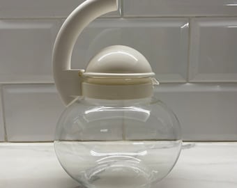Vintage Guzzini glass kettle 1980s unused, heat resistant coffee pot new made in Italy, white & clear kitchenware