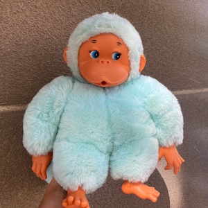 Vintage mint colour Monkey Plush toy 1980s with vinyl face, rare adorable soft stuffed thumb sucking gorilla ape for a gift