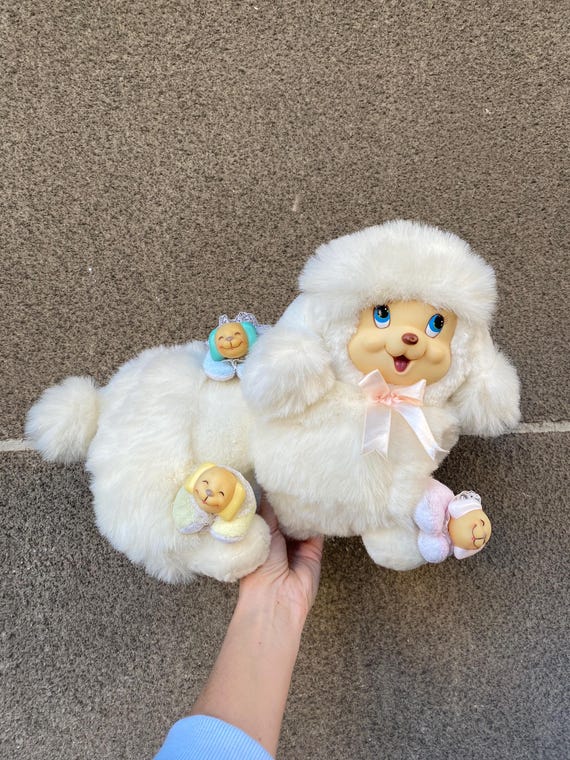 Vintage White Puppy Surprise Plush Toy Mama Dog With 3 Puppies