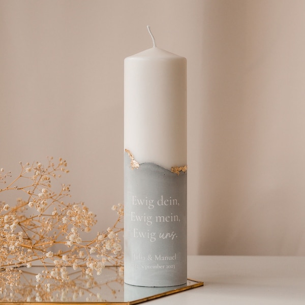 Candela nuziale personalizzata con base in gesso grigio e dettagli in foglia oro | Un accessorio elegante per il tuo matrimonio | Candela nuziale | H101