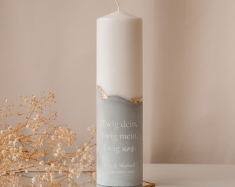 Personalized wedding candle with a gray plaster base and gold leaf accents | An elegant accessory for your wedding | Wedding candle | H101