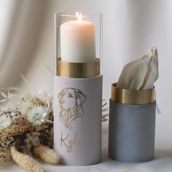 Urna para mascotas como farol de diseño: urna personalizada para mascotas con motivo dorado | elegante vela conmemorativa con grabado | gatos, perros, caballos