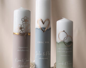 Personalized wedding candle with plaster base, gold motif, and gold leaf accents | An elegant accessory for your wedding | H101