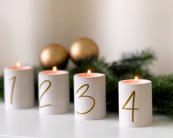 Advent candle set of 4 | Handmade candle holders for tea lights & taper candles | Christmas decoration with golden numbers | Christmas decorations