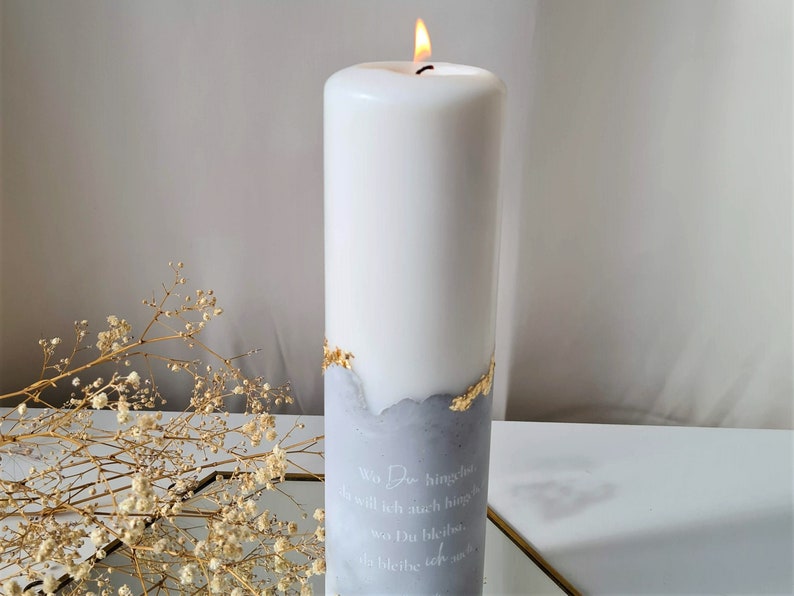 Personalized wedding candle with plaster base in different colors and gold leaf accents An elegant accessory for your wedding H101 image 7