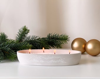 Handmade Advent candle bowl with 4 wicks and engraved winter landscape | Festive decoration for the Christmas season