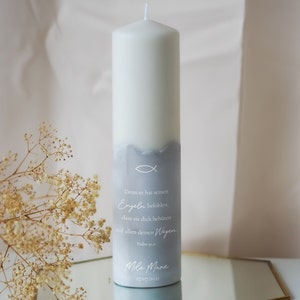 Personalized baptism candle with grey plaster base | A unique accessory for the baptism of your loved ones