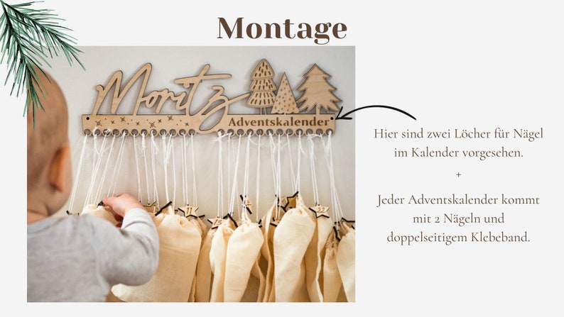 May include: A light-colored wooden wall-mounted advent calendar featuring the name Moritz, three stylized trees, and the text Adventskalender. It includes twenty-four small holes for hanging individual fabric pouches with white strings and star-shaped tags.
