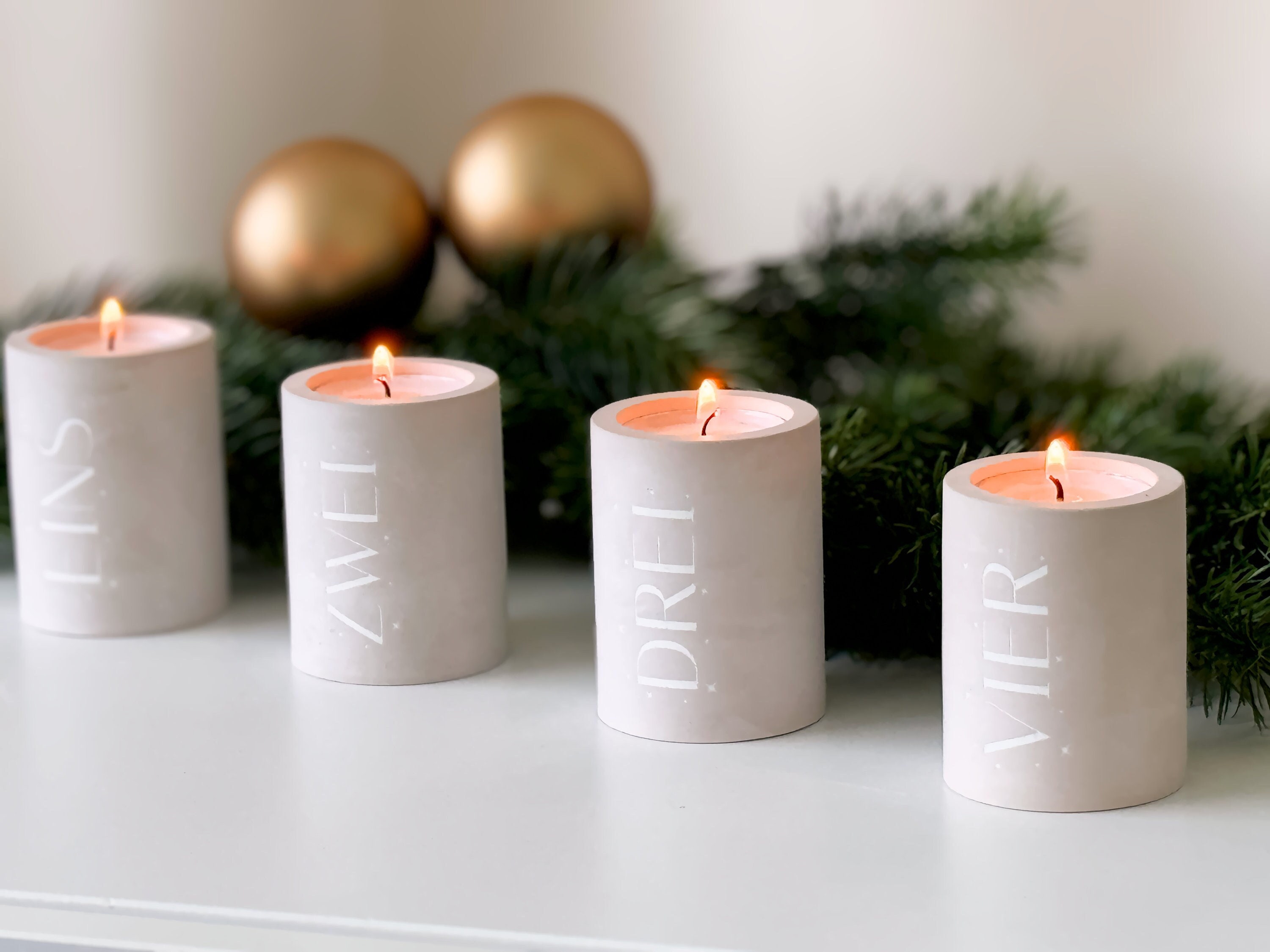 Advent candle set of 4 | Handmade candle holders for tea lights & taper candles | Christmas decoration beige or grey with engraving