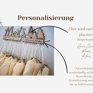 May include: A wooden advent calendar wall hanging featuring the name Moritz, pine tree silhouettes, and the text Adventskalender. It includes multiple small beige fabric drawstring bags suspended by white strings from a laser-cut wooden board.