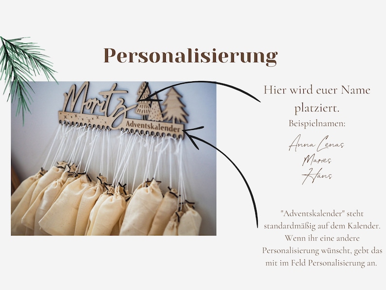 May include: A wooden advent calendar wall hanging featuring the name Moritz, pine tree silhouettes, and the text Adventskalender. It includes multiple small beige fabric drawstring bags suspended by white strings from a laser-cut wooden board.