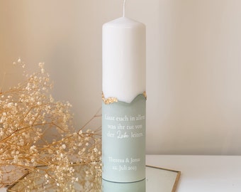 Candela nuziale personalizzata con base in gesso verde oliva e accenti in foglia oro | Un accessorio elegante per il tuo matrimonio | matrimonio | H101