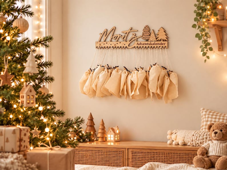 May include: A wooden wall-mounted advent calendar featuring the name Moritz in script, three decorative tree cutouts, and the text Adventskalender. Twenty-four small, light-colored fabric pouches are suspended from the wooden base by white strings.