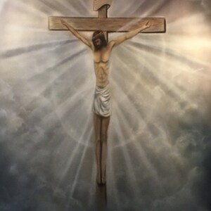May include: A painting of a man on a wooden cross with a white cloth around his waist. The cross is against a background of white clouds and light beams.