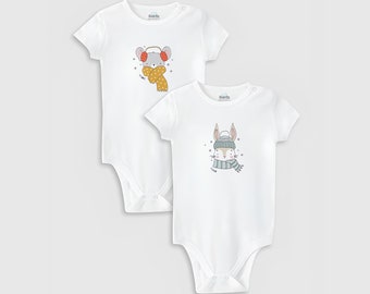 Organic 2 Pcs Baby Bodysuit Set,%100 Organic Cotton Baby Bodysuit,Mouse and Rabbit Baby Onesie,Baby Gift,Newborn Onesie,Baby Clothes