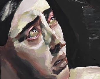 May include: A painting of a person's face with a dark background. The person has dark hair and is looking up with a worried expression. The painting is done in a realistic style with visible brushstrokes.